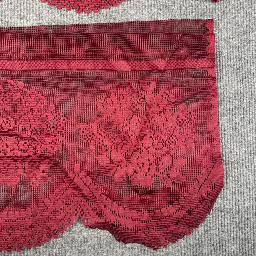 VTG 3 Burgundy Floral Lace Window Valances Scalloped Victorian Cottagecore 58x17